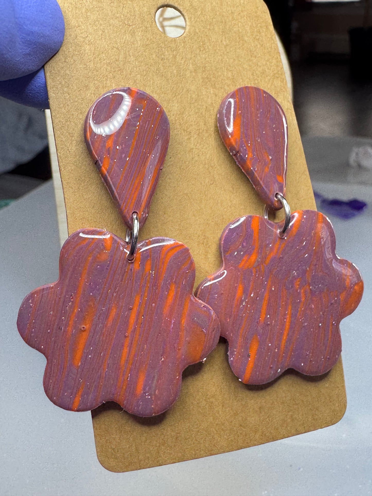 Rustic Marbled Flower Polymer Clay Dangle Earrings