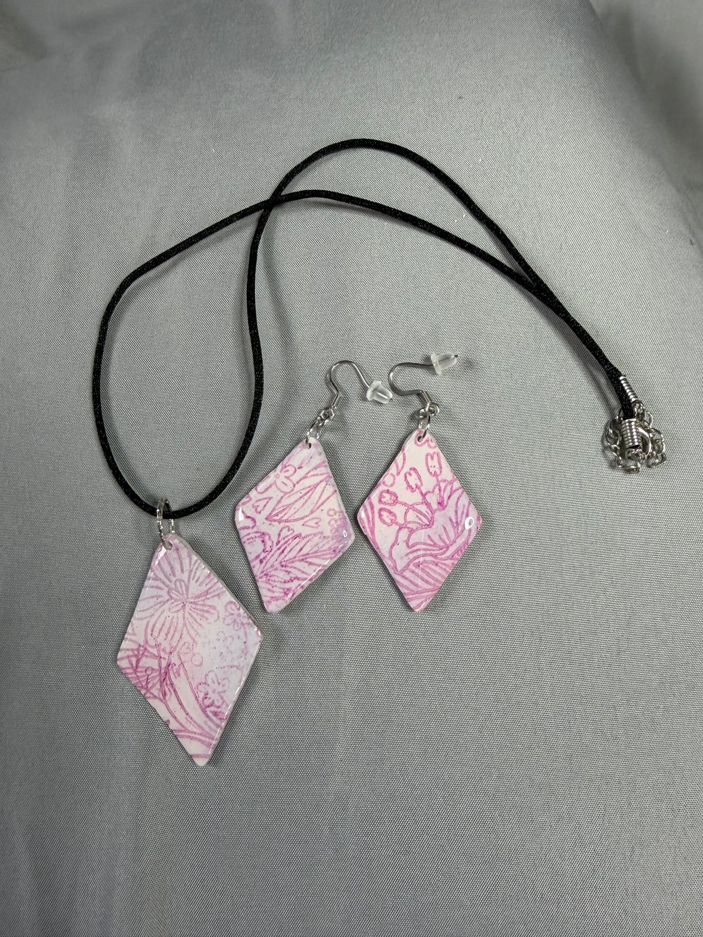 Handmade Pink Floral Diamond Jewelry Set | Polymer Clay & Resin Necklace with Matching Earrings