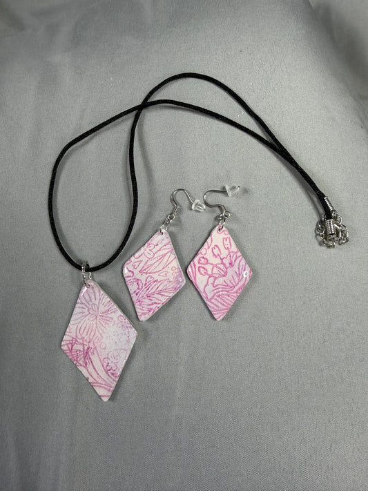 Handmade Pink Floral Diamond Jewelry Set | Polymer Clay & Resin Necklace with Matching Earrings