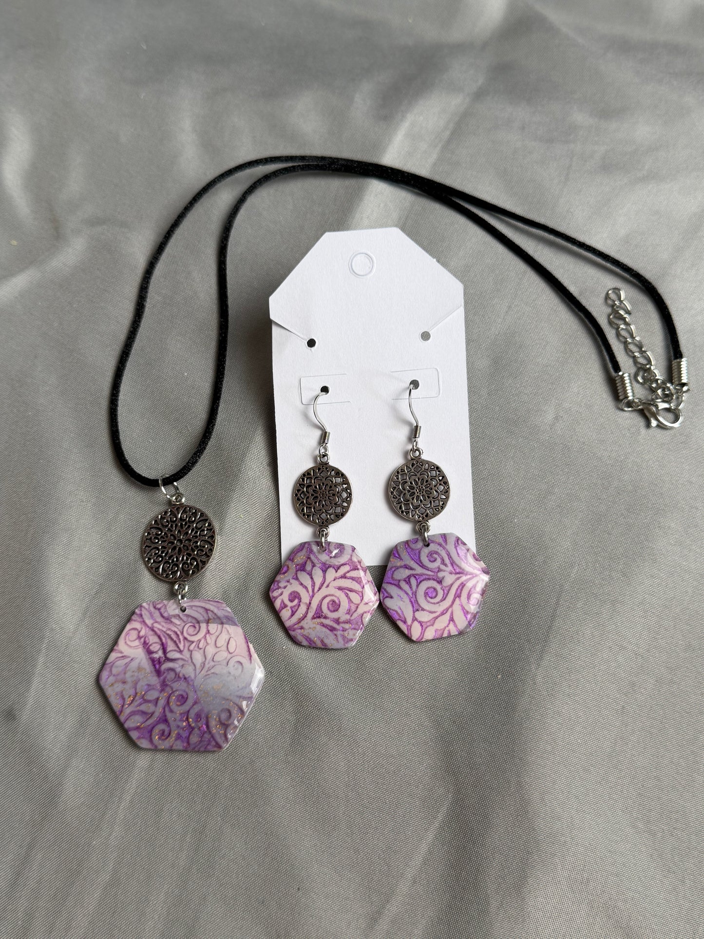 Handmade Lavender Floral Polymer Clay Jewelry Set | Pendant Necklace & Matching Earrings