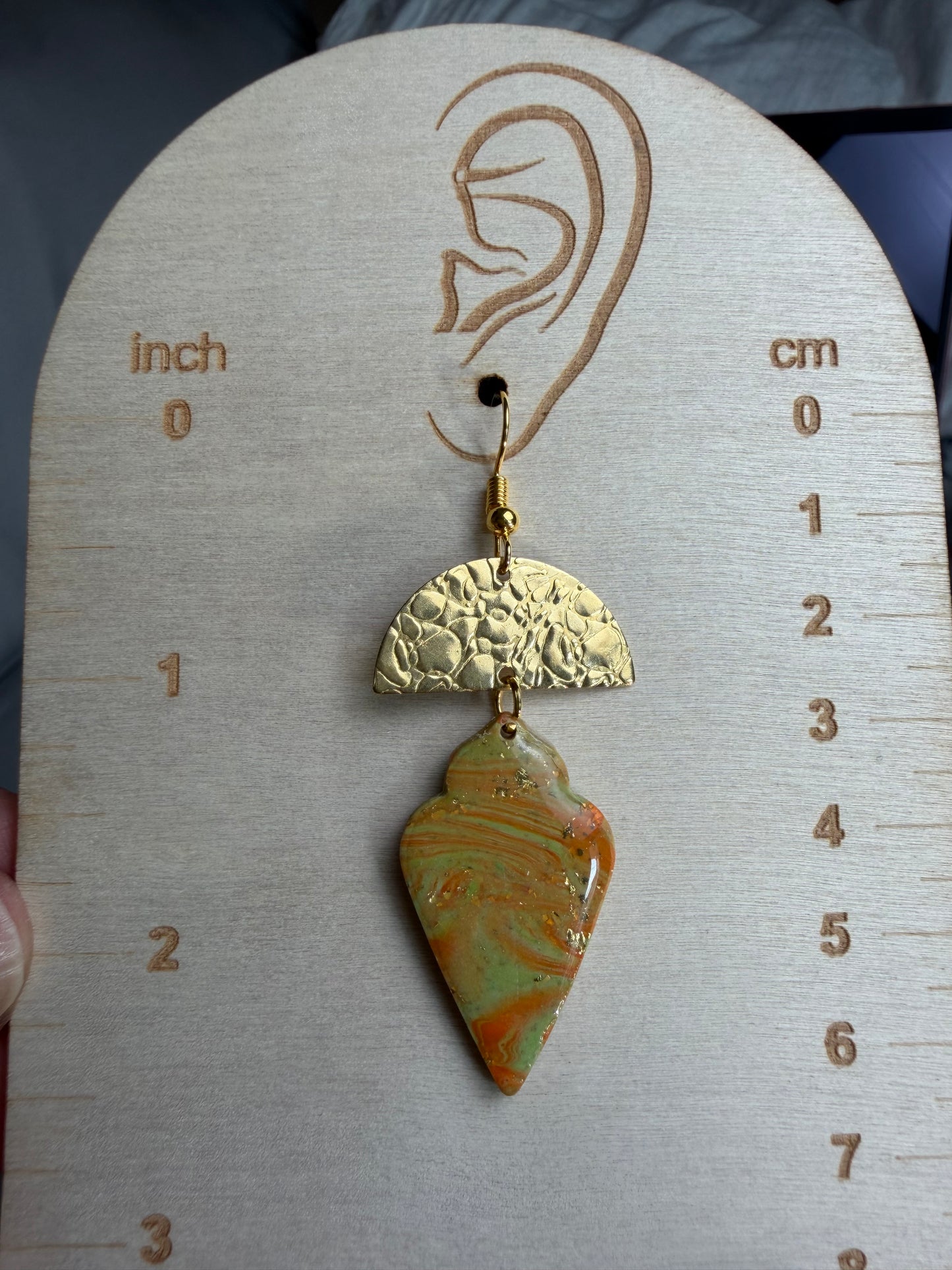 Handmade Polymer Clay Statement Earrings | Gold Textured Arch & Marbled Sage Green Orange Dangle Earrings | Lightweight Boho Jewelry Gift for Her