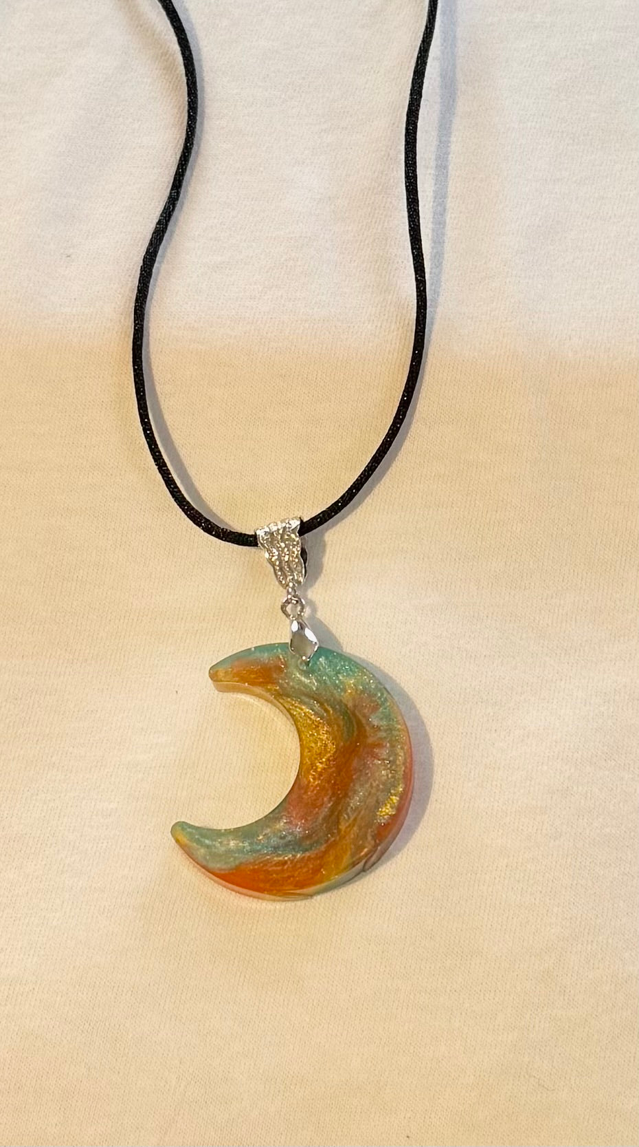Resin Moon with Mica Color Swirl Necklace - Unique Design Pendant on Black Cord.