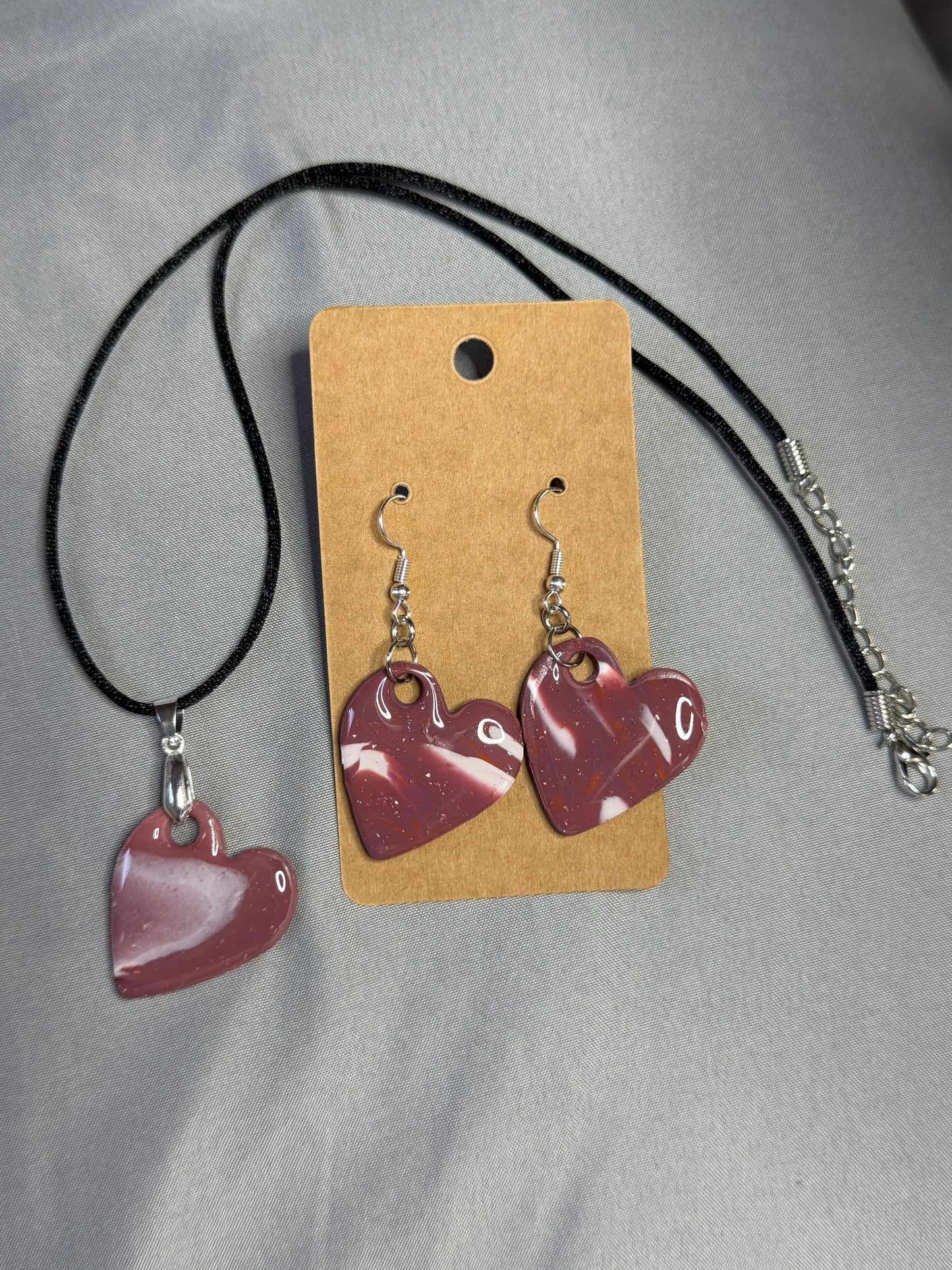 Handmade Marbled Heart Necklace & Earrings Set | Burgundy Clay Jewelry Gift for Her