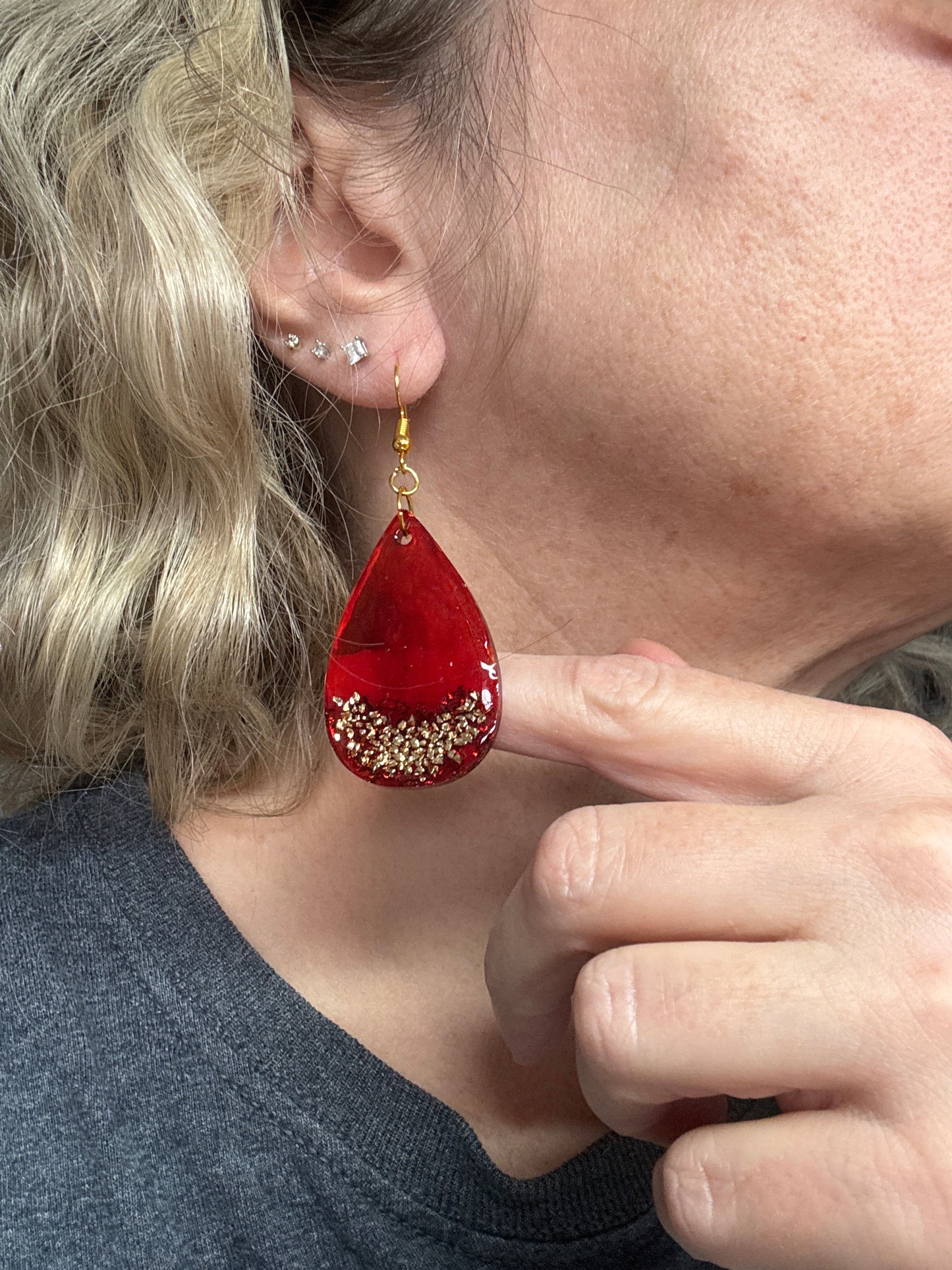 Red Resin Dipped in Golden Glitter Teardrop Earrings
