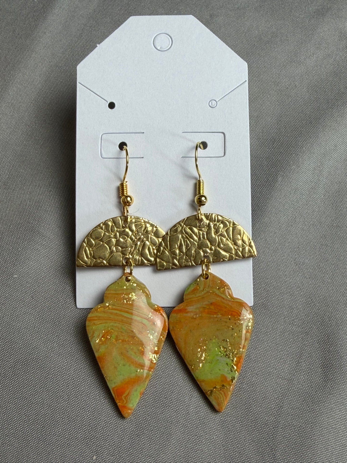 Handmade Polymer Clay Statement Earrings | Gold Textured Arch & Marbled Sage Green Orange Dangle Earrings | Lightweight Boho Jewelry Gift for Her