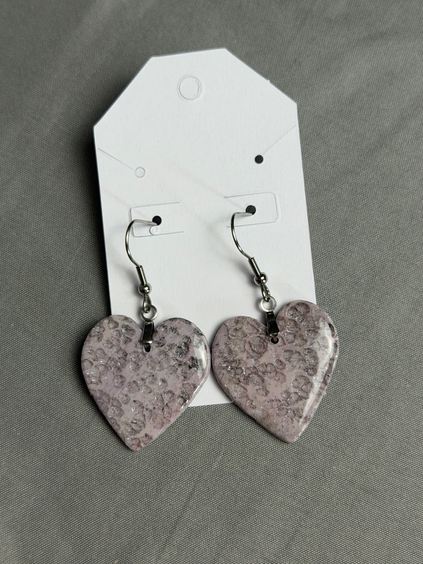 Handmade Blush Pink Heart Polymer Clay Earrings | Glitter Spotted Dangle Earrings | Lightweight Romantic Statement Jewelry