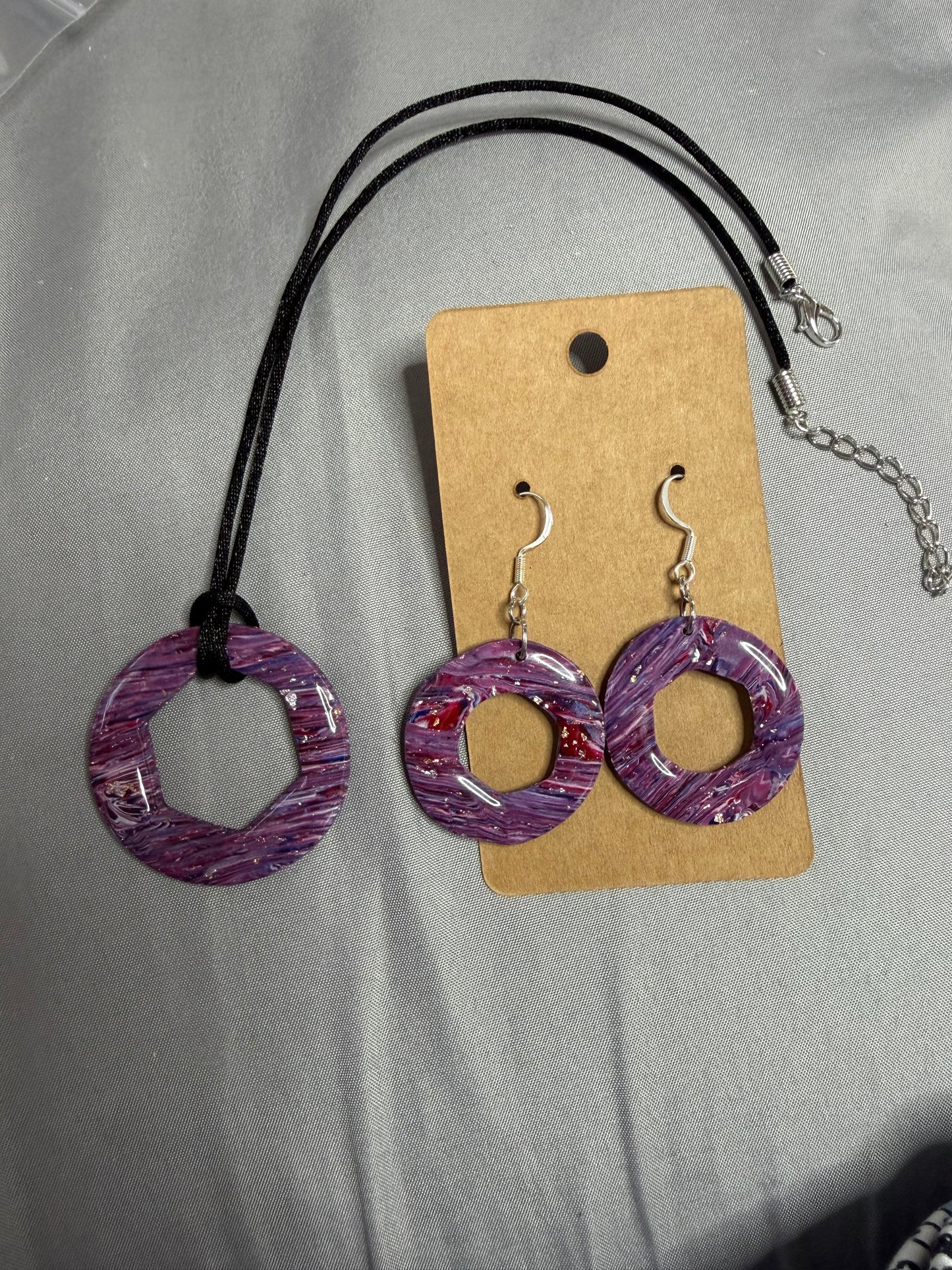 Handmade Purple Marbled Polymer Clay Jewelry Set | Resin Earrings & Matching Pendant Necklace | Lightweight Artisan Gift for Her