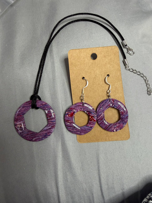 Handmade Purple Marbled Polymer Clay Jewelry Set | Resin Earrings & Matching Pendant Necklace | Lightweight Artisan Gift for Her