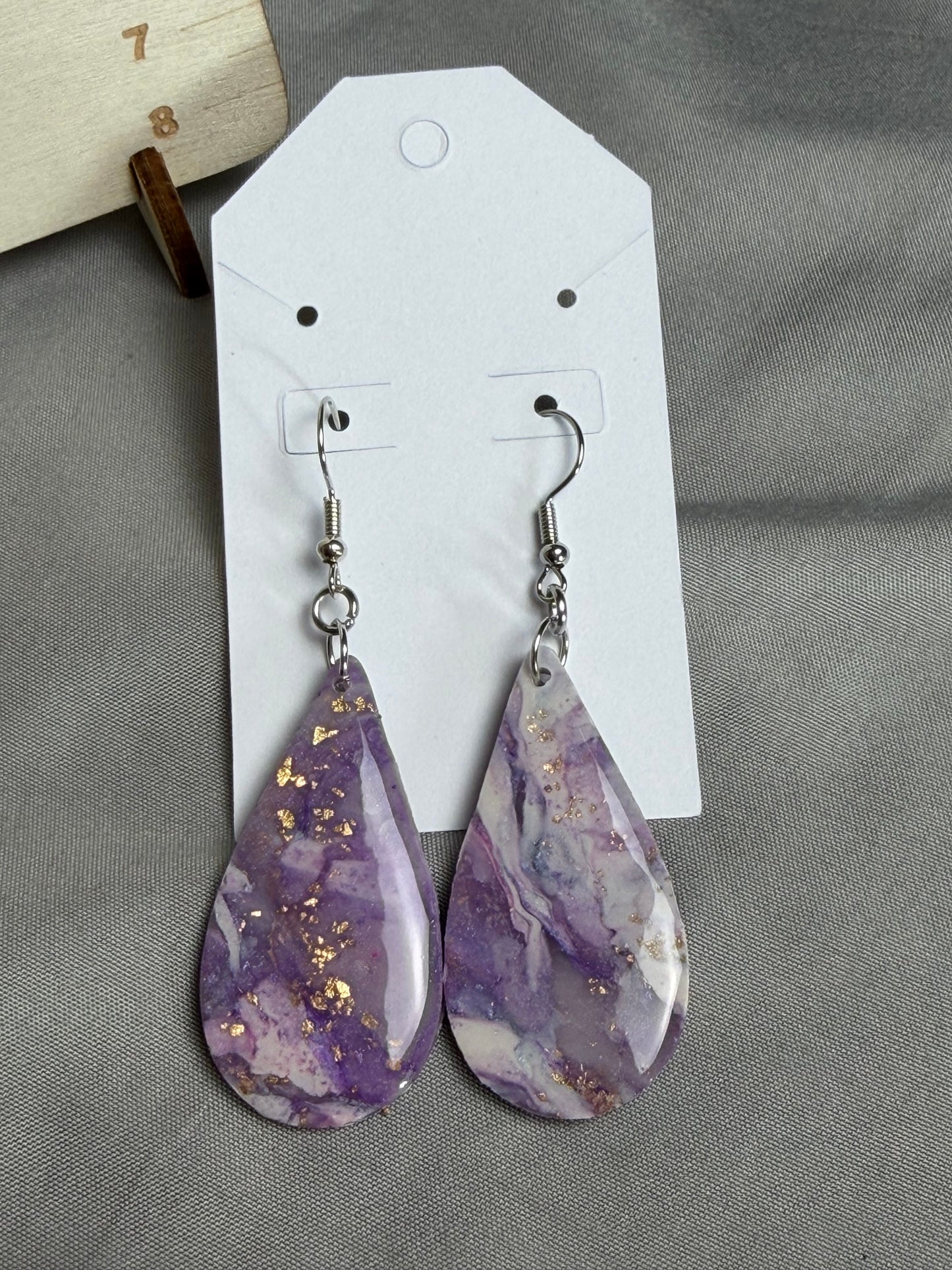 Handmade Purple Marble Teardrop Earrings | Polymer Clay & Resin Dangle Earrings with Gold Foil