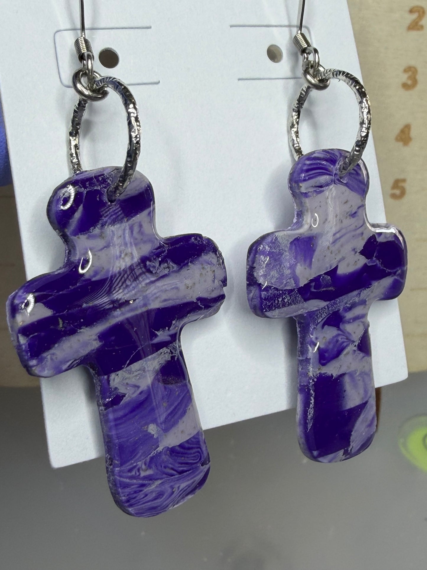 Handmade Purple Marbled Cross Polymer Clay Earrings | Lightweight Faith Dangle Earrings