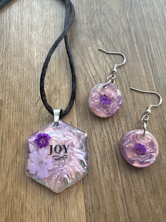 Purple Pressed Flower “Joy” Resin Necklace/Earring Set