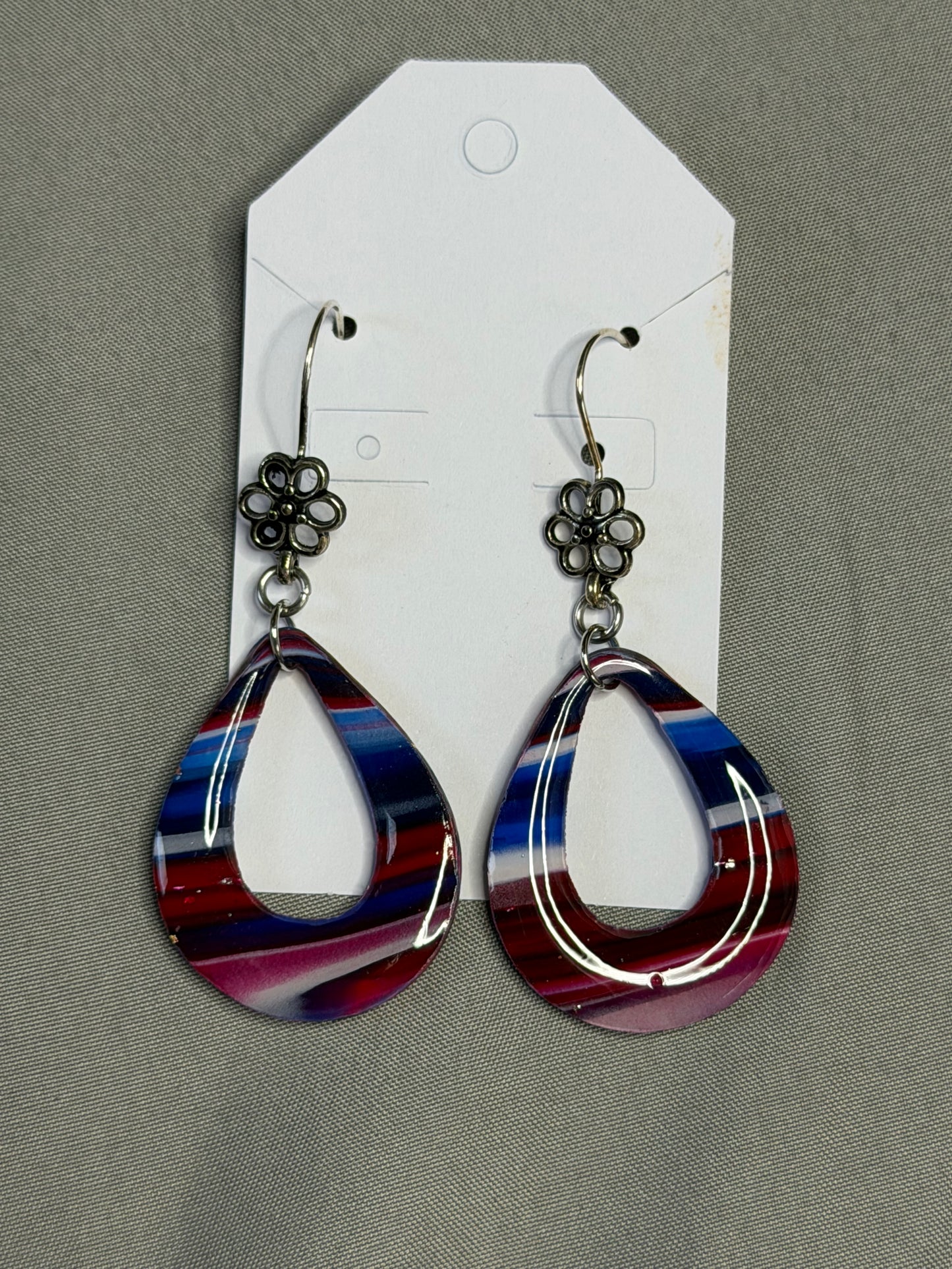 Handmade Patriotic Resin Teardrop Earrings | Red, White & Blue Floral Dangle Earrings