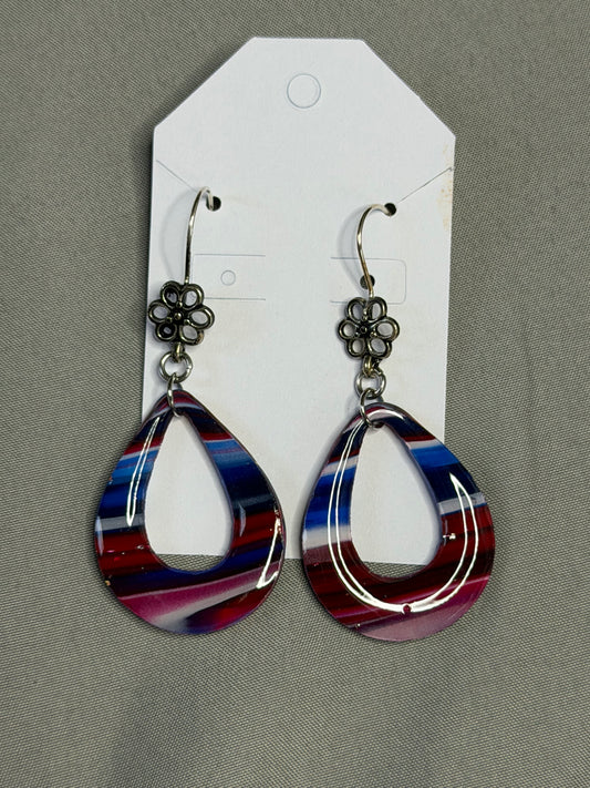 Handmade Patriotic Resin Teardrop Earrings | Red, White & Blue Floral Dangle Earrings
