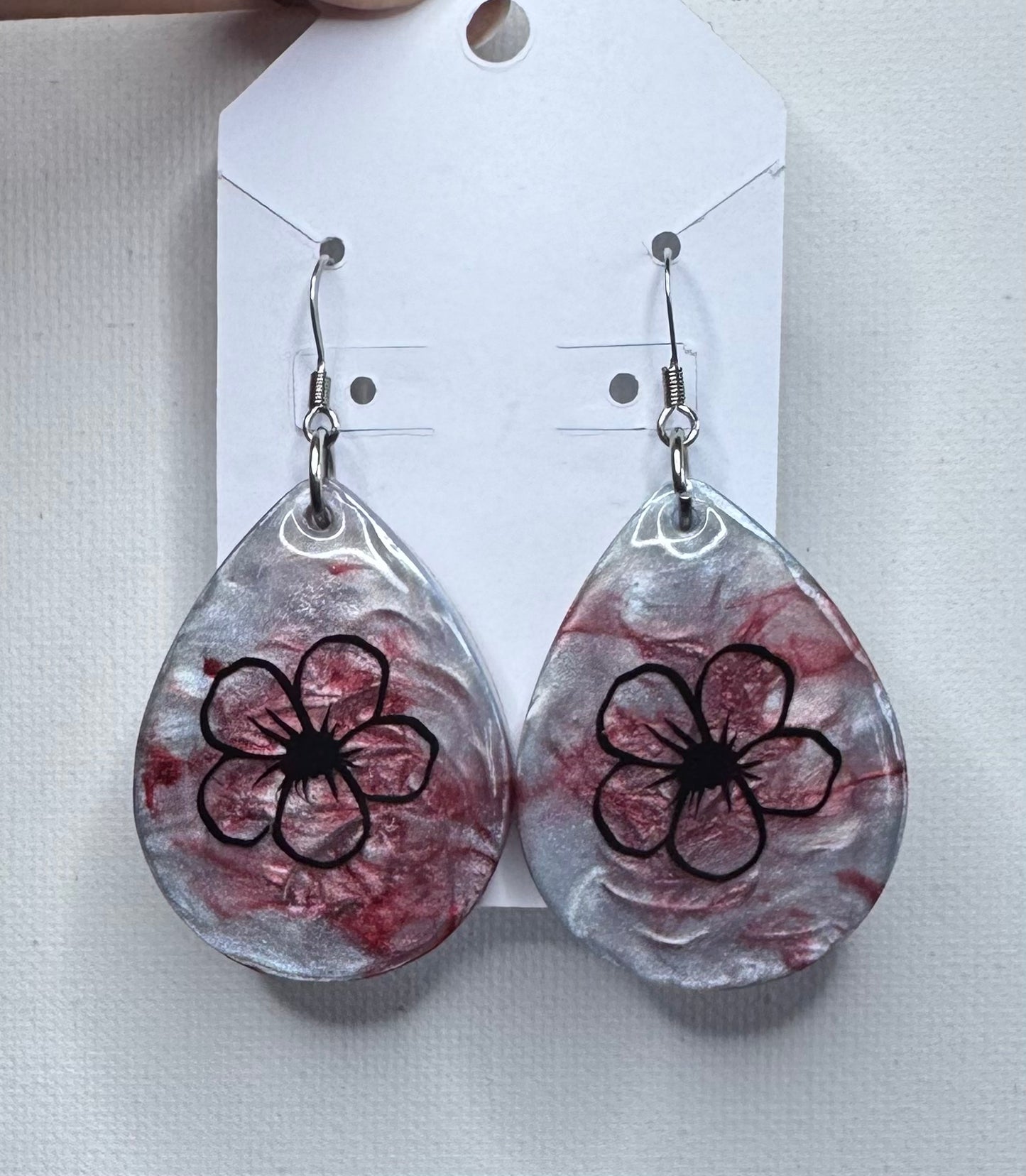 Floral Teardrop Resin Earrings – Pearl Silver & Rose Marbled Dangle Earrings, Black Flower Statement Jewelry