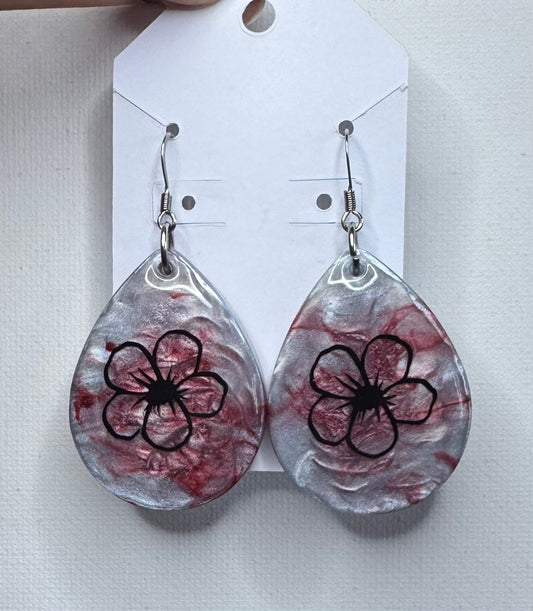 Floral Teardrop Resin Earrings – Pearl Silver & Rose Marbled Dangle Earrings, Black Flower Statement Jewelry