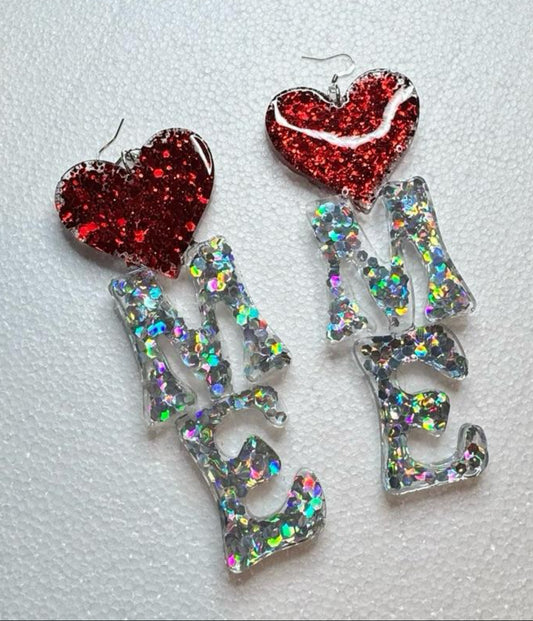Heart Me Bold and Shiny Earrings Red Glitter Heart with Sparkling "ME" Letters Fashion Accessory daily   wear. girl jewelry