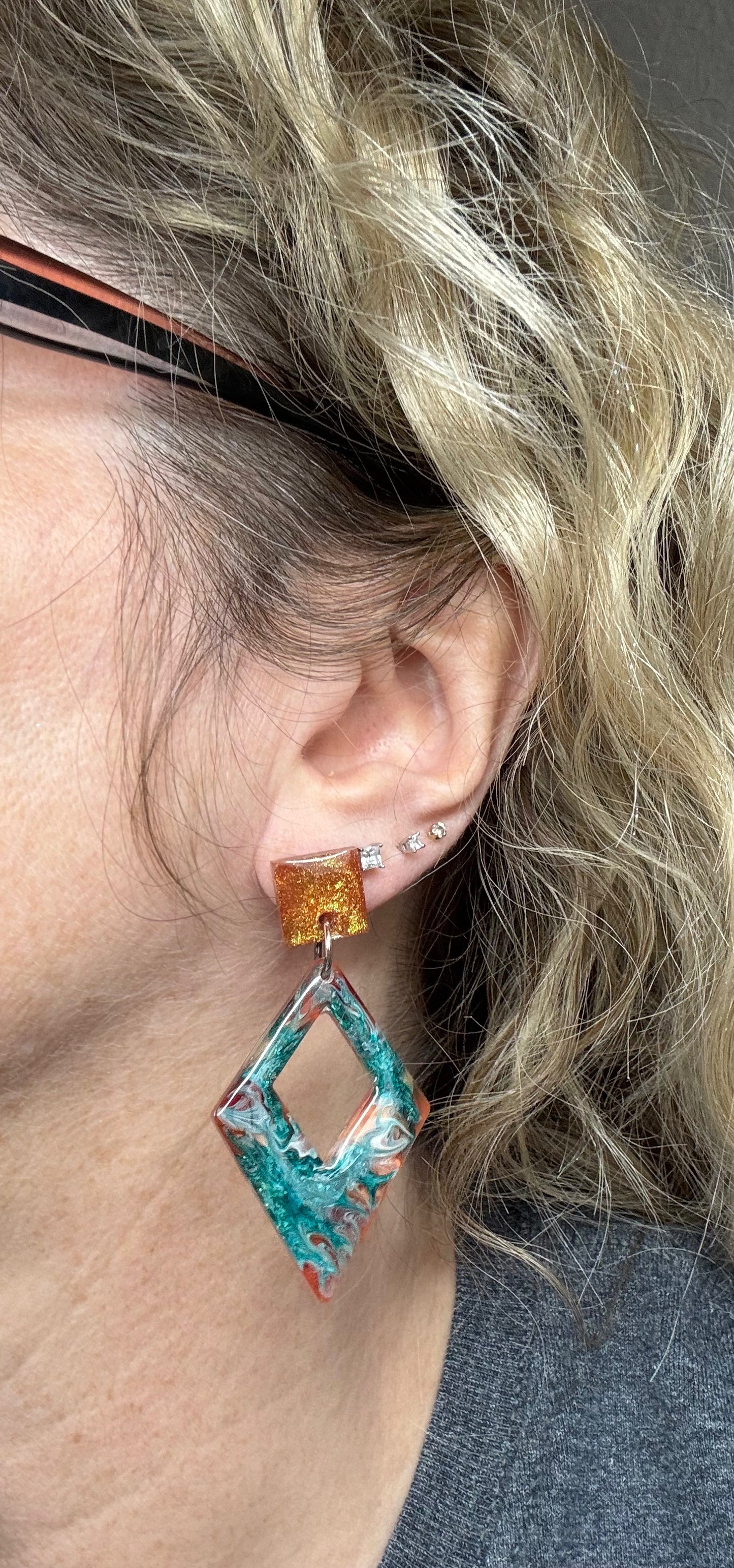Green and Gold Dangle Resin Earrings