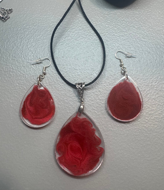 Red Swirl Resin Necklace and Earrings