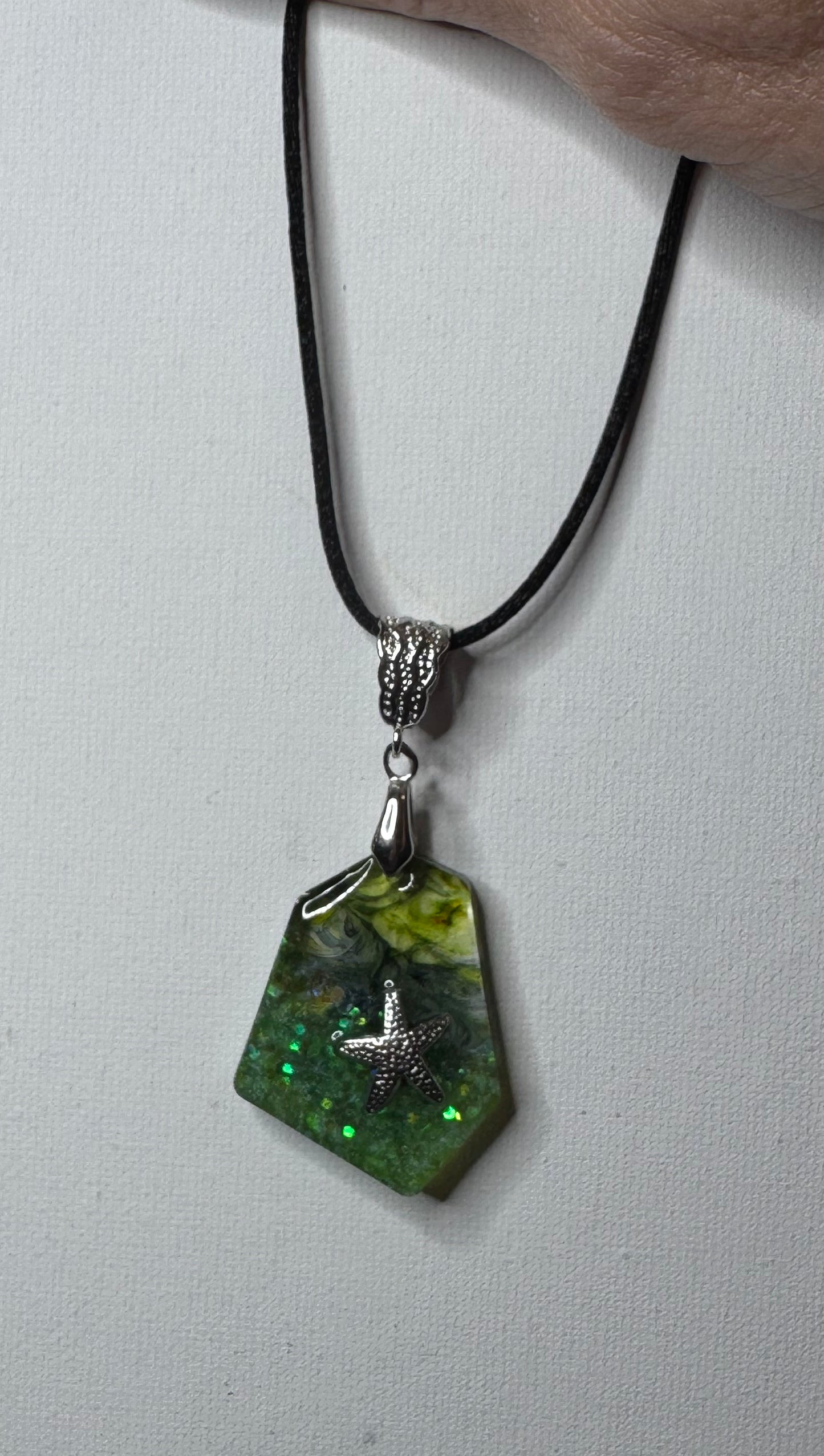 Ocean Resin Starfish Pendant Necklace – Handmade Green Glitter Coastal Jewelry