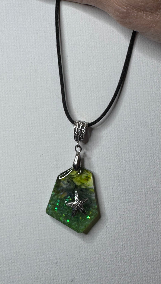 Ocean Resin Starfish Pendant Necklace – Handmade Green Glitter Coastal Jewelry