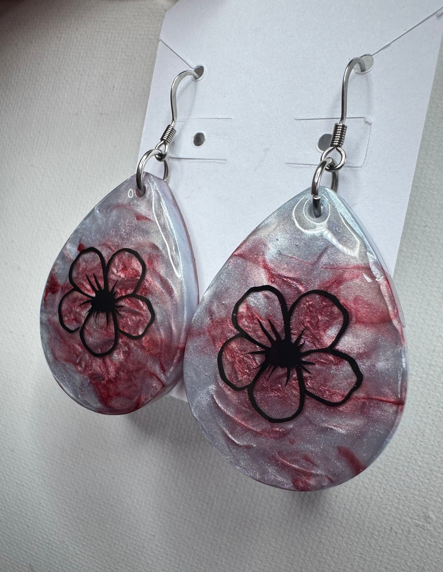 Floral Teardrop Resin Earrings – Pearl Silver & Rose Marbled Dangle Earrings, Black Flower Statement Jewelry