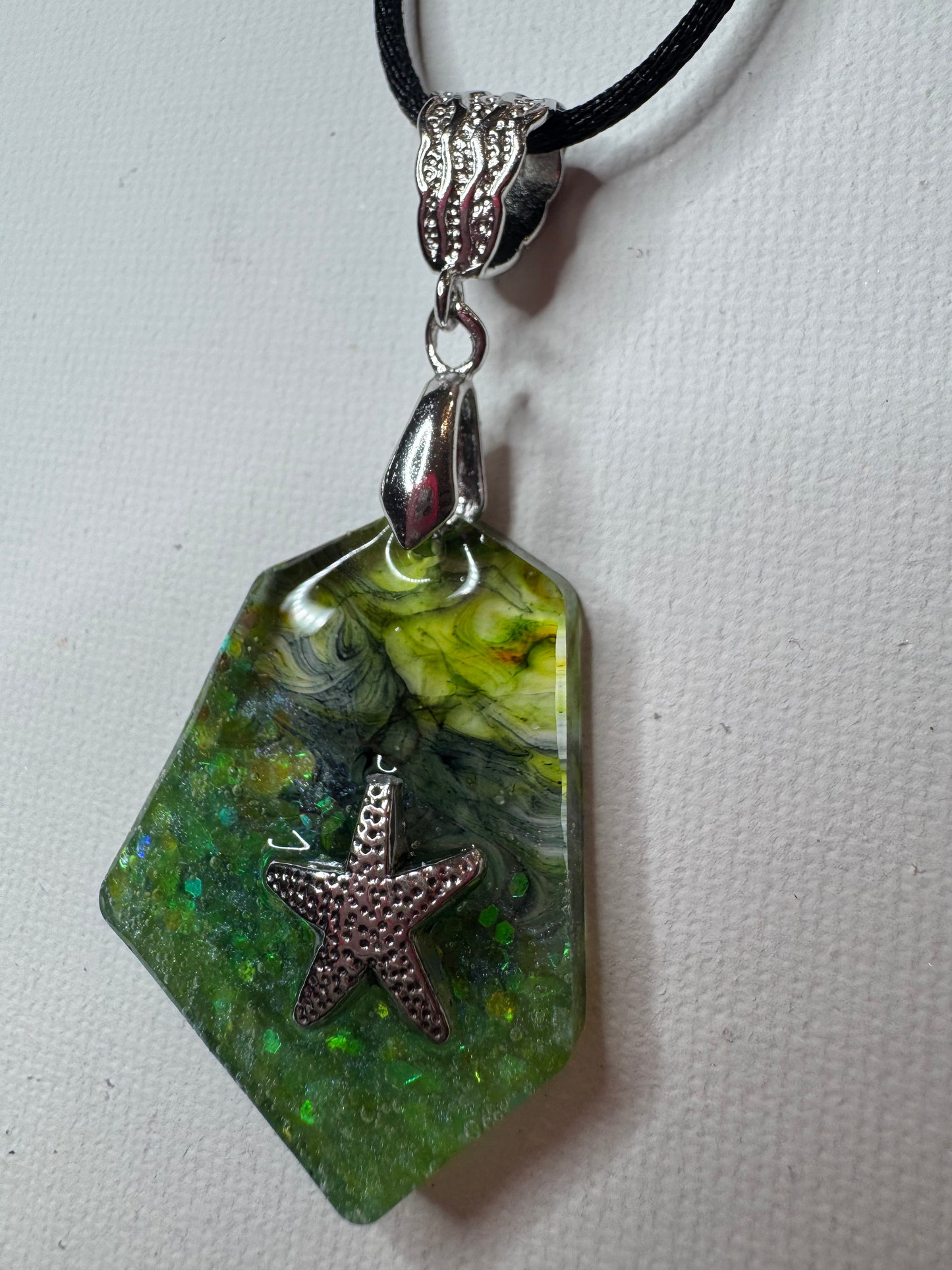 Ocean Resin Starfish Pendant Necklace – Handmade Green Glitter Coastal Jewelry