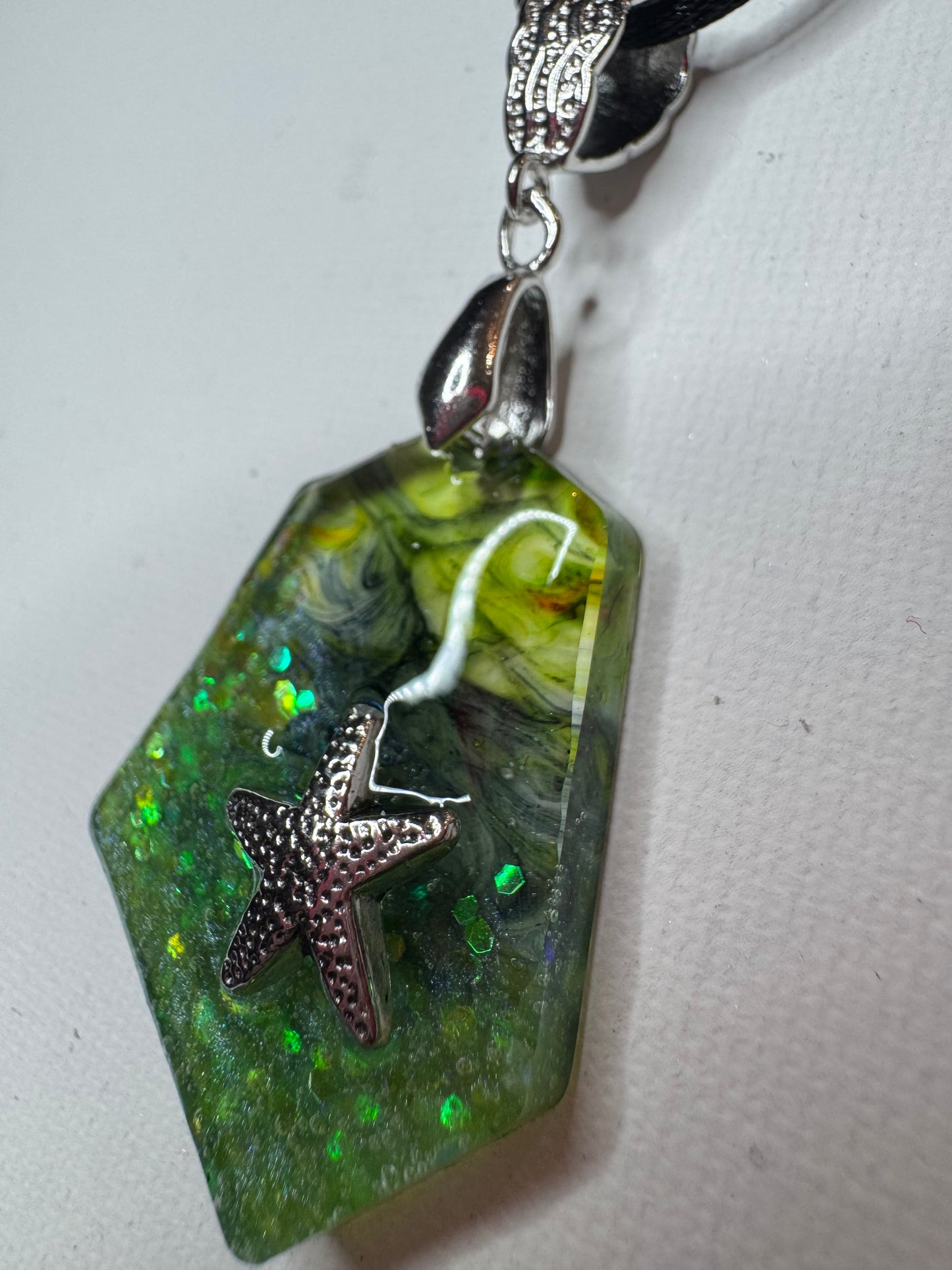 Ocean Resin Starfish Pendant Necklace – Handmade Green Glitter Coastal Jewelry