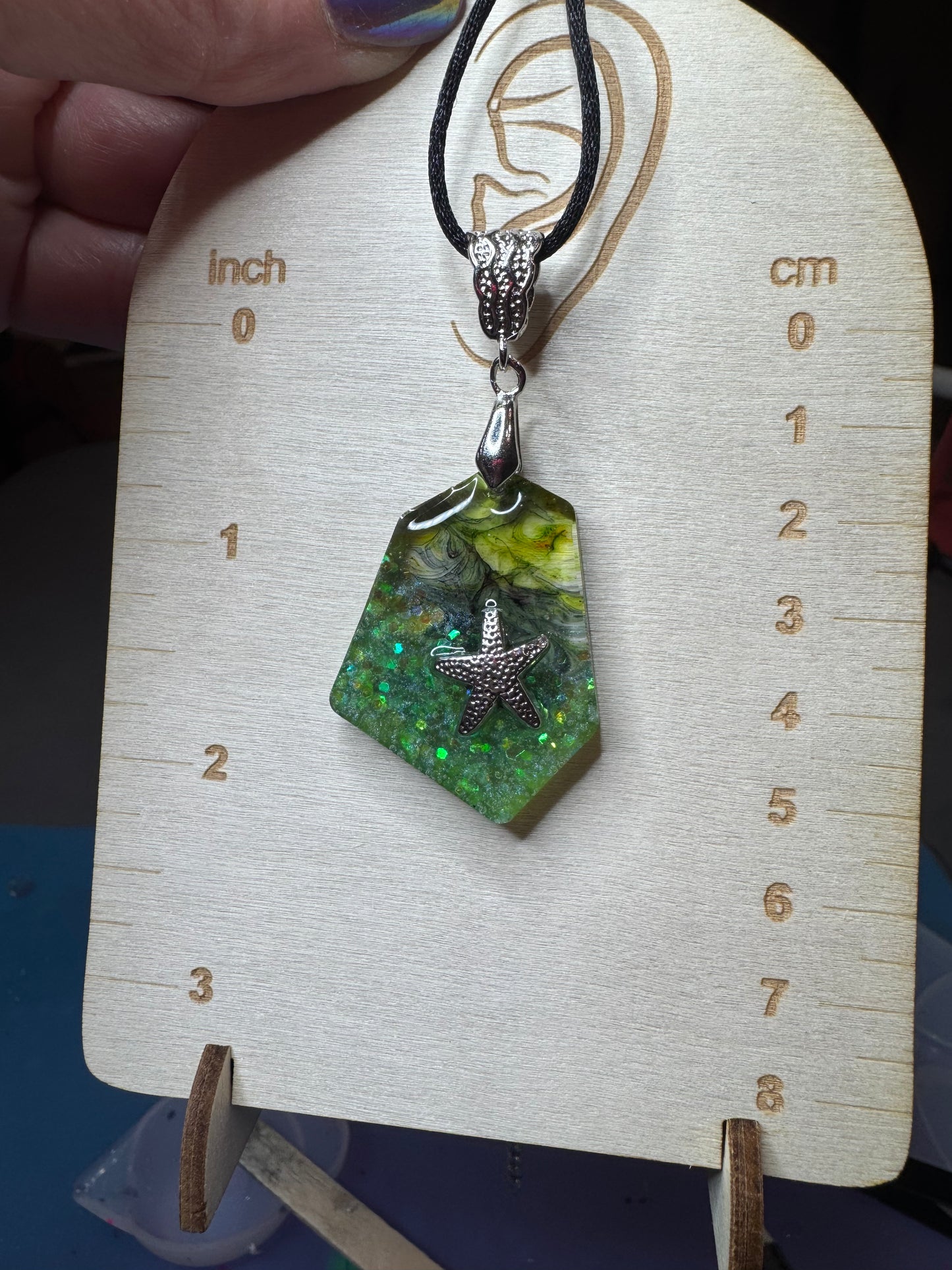 Ocean Resin Starfish Pendant Necklace – Handmade Green Glitter Coastal Jewelry