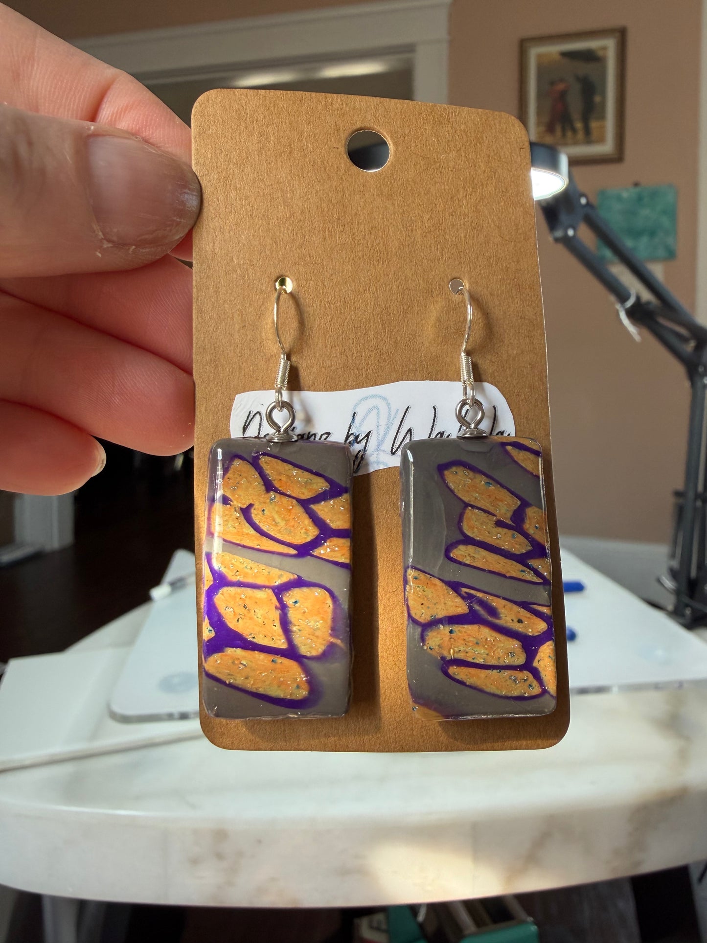 Purple & Gold Polymer Clay Resin Earrings | Glitter Statement Earrings | Handmade Rectangle Dangle Earrings | Unique Jewelry Gift