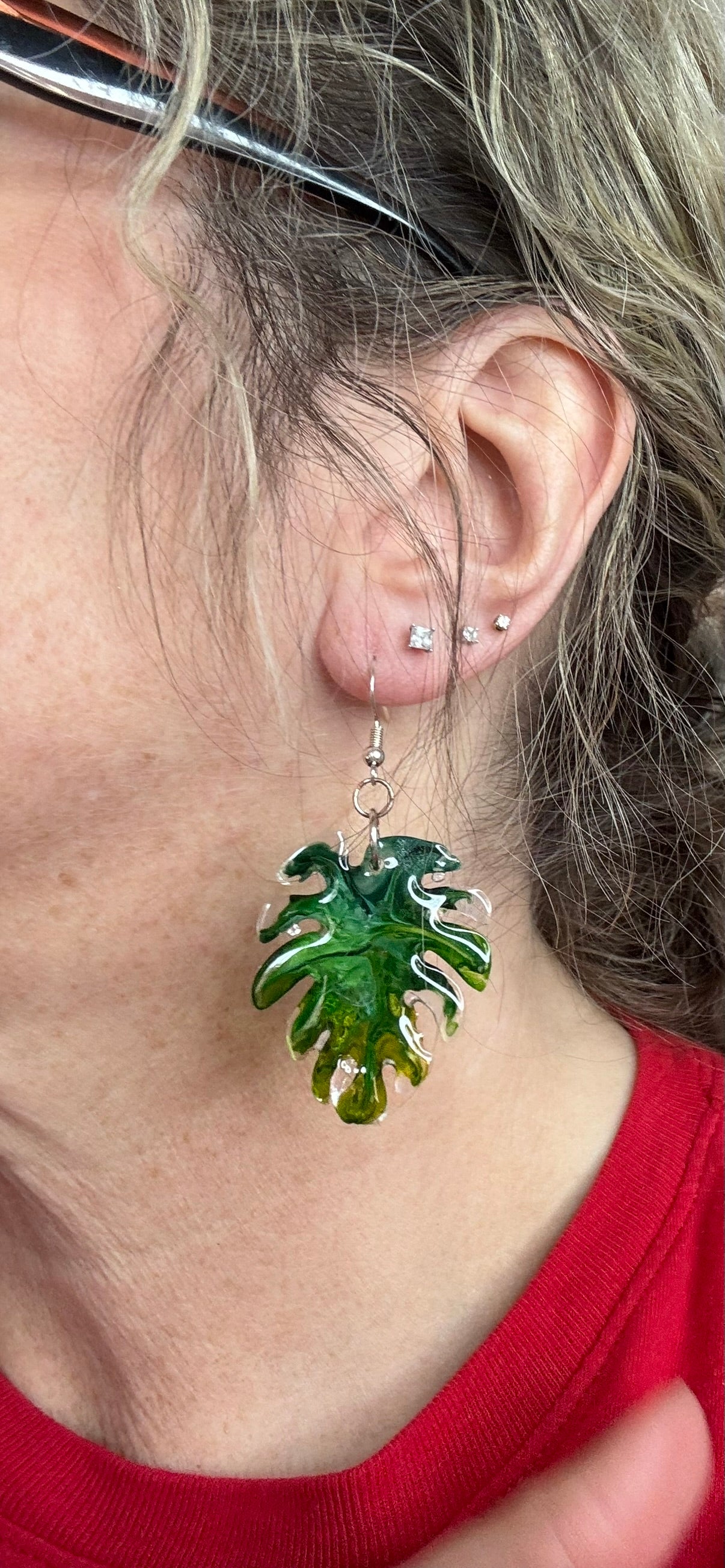 Green Leaf Resin Earrings