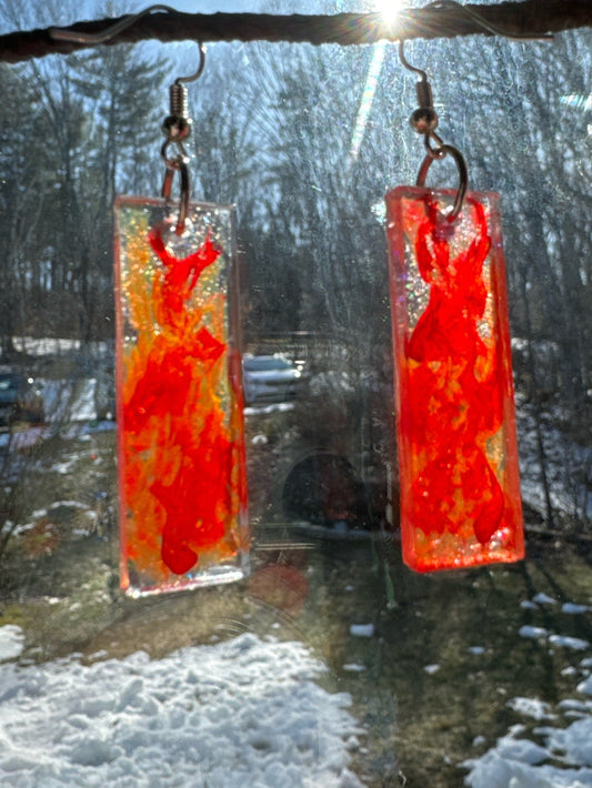 Red and Orange Flames in Resin Earrings