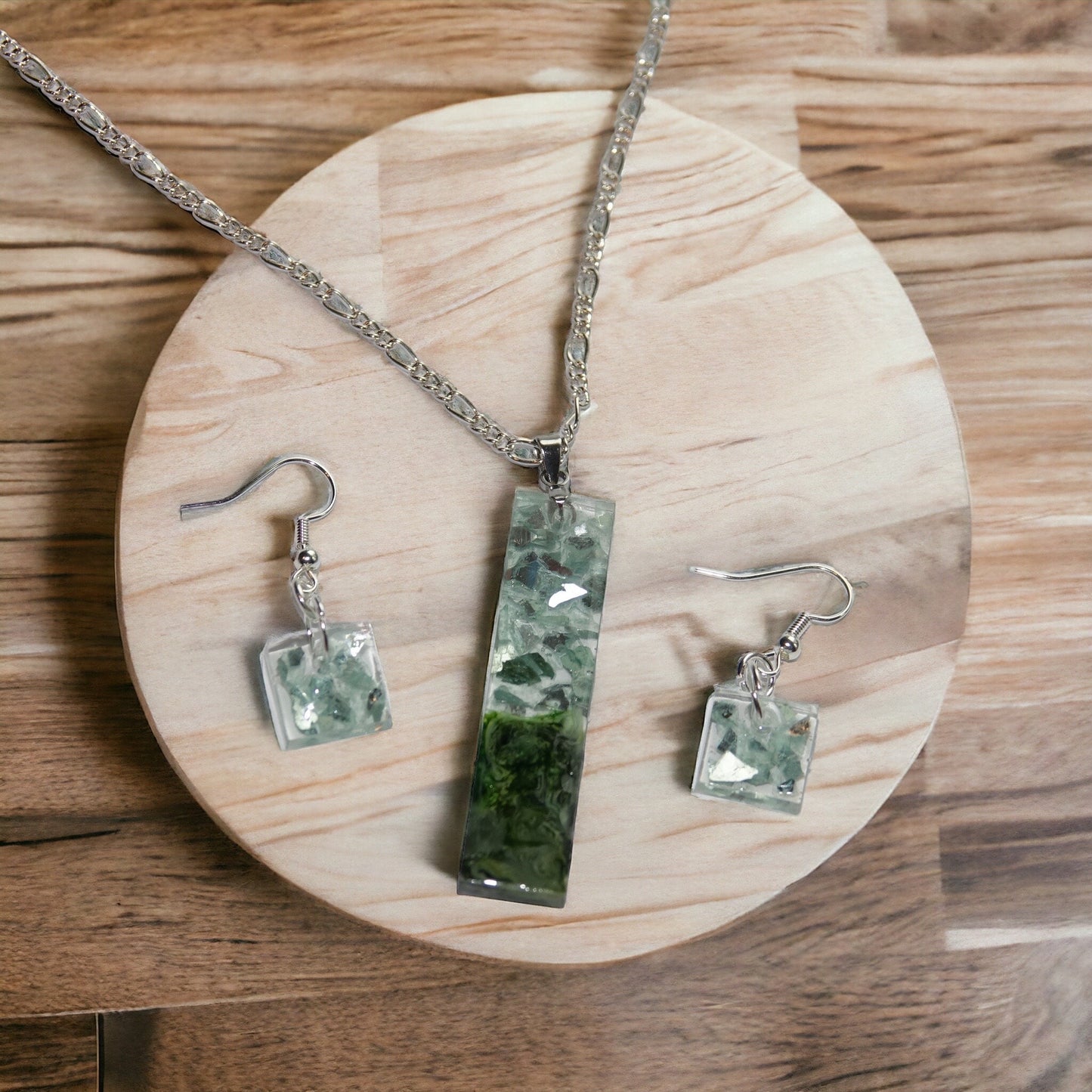 Green Glass set in Resin Necklace with Earrings