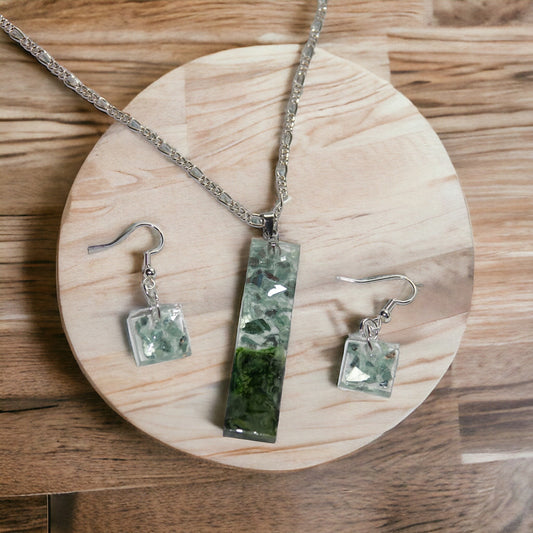 Green Glass set in Resin Necklace with Earrings