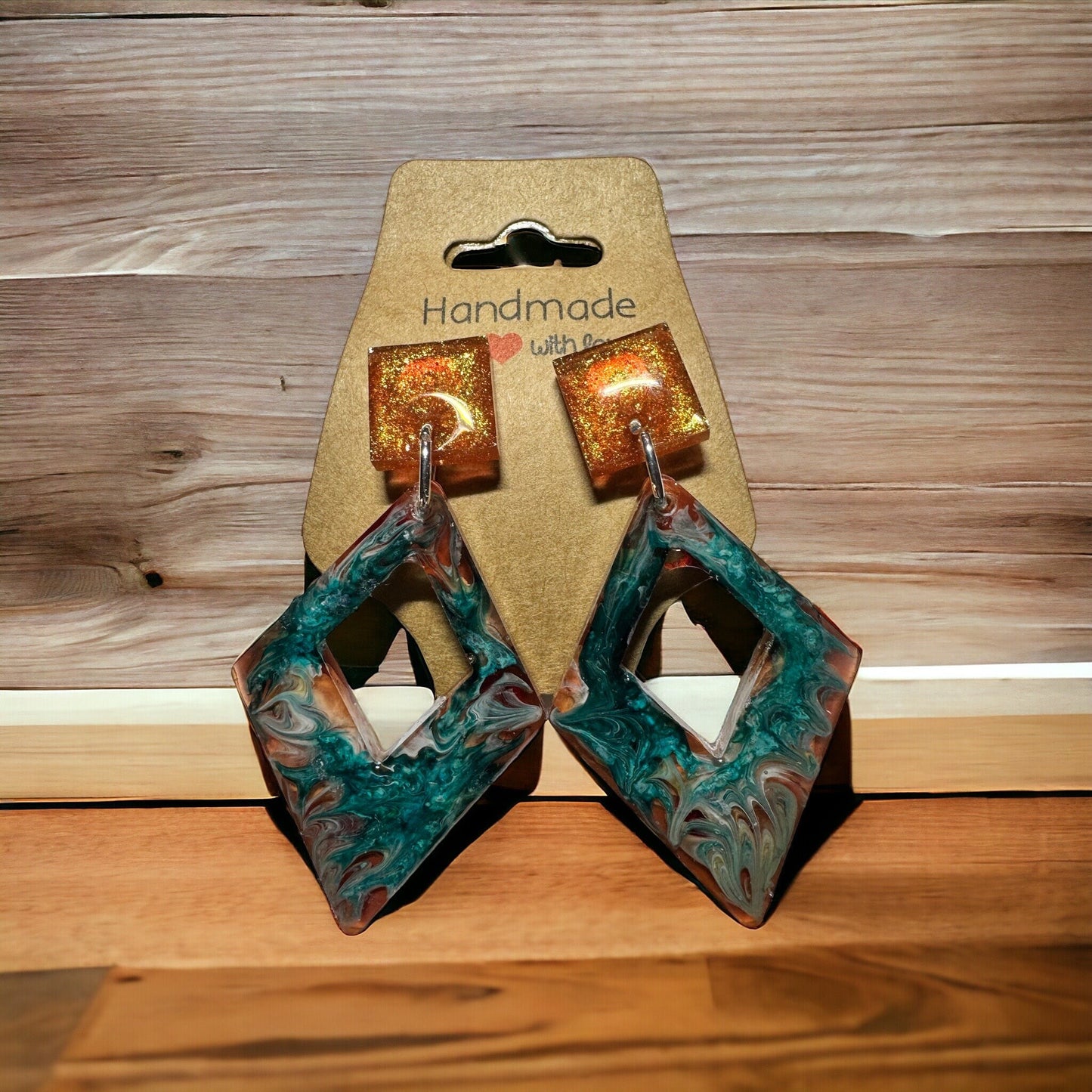 Green and Gold Dangle Resin Earrings