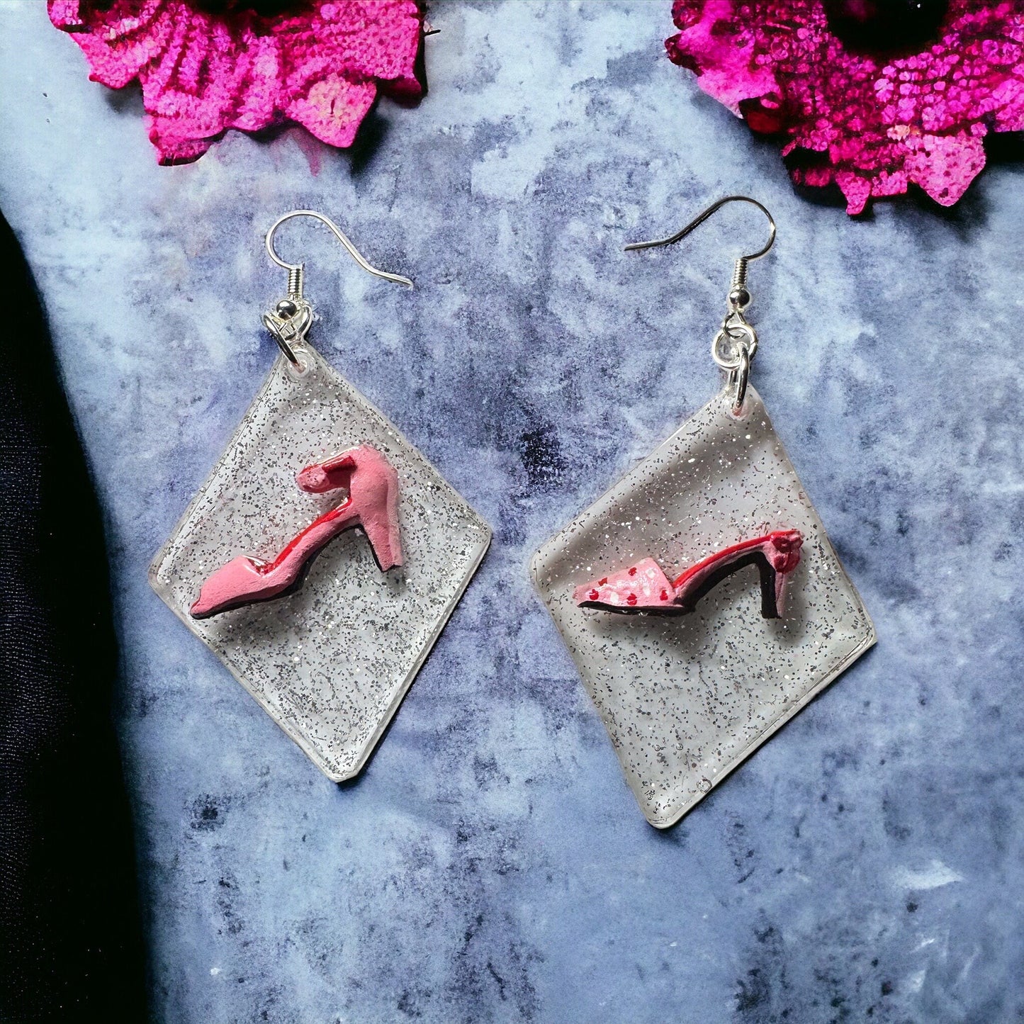 Pink Heels set in Glitter Diamond Shaped Earrings