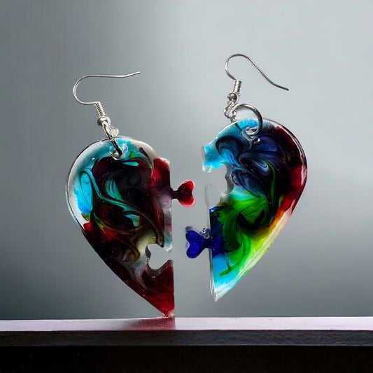 Color Swirl Heart Puzzle Resin Earrings