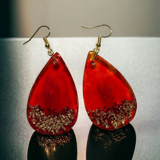Red Resin Dipped in Golden Glitter Teardrop Earrings