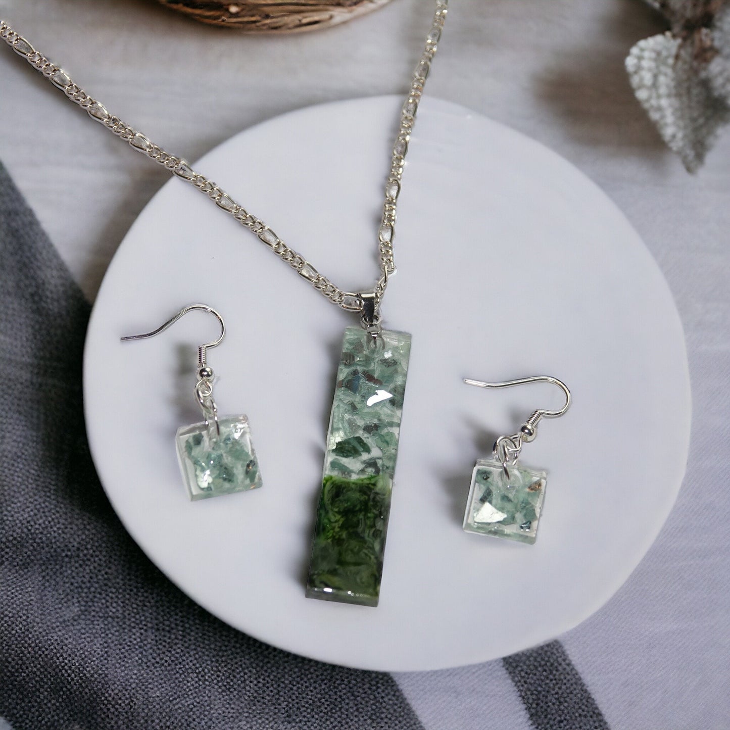 Green Glass set in Resin Necklace with Earrings