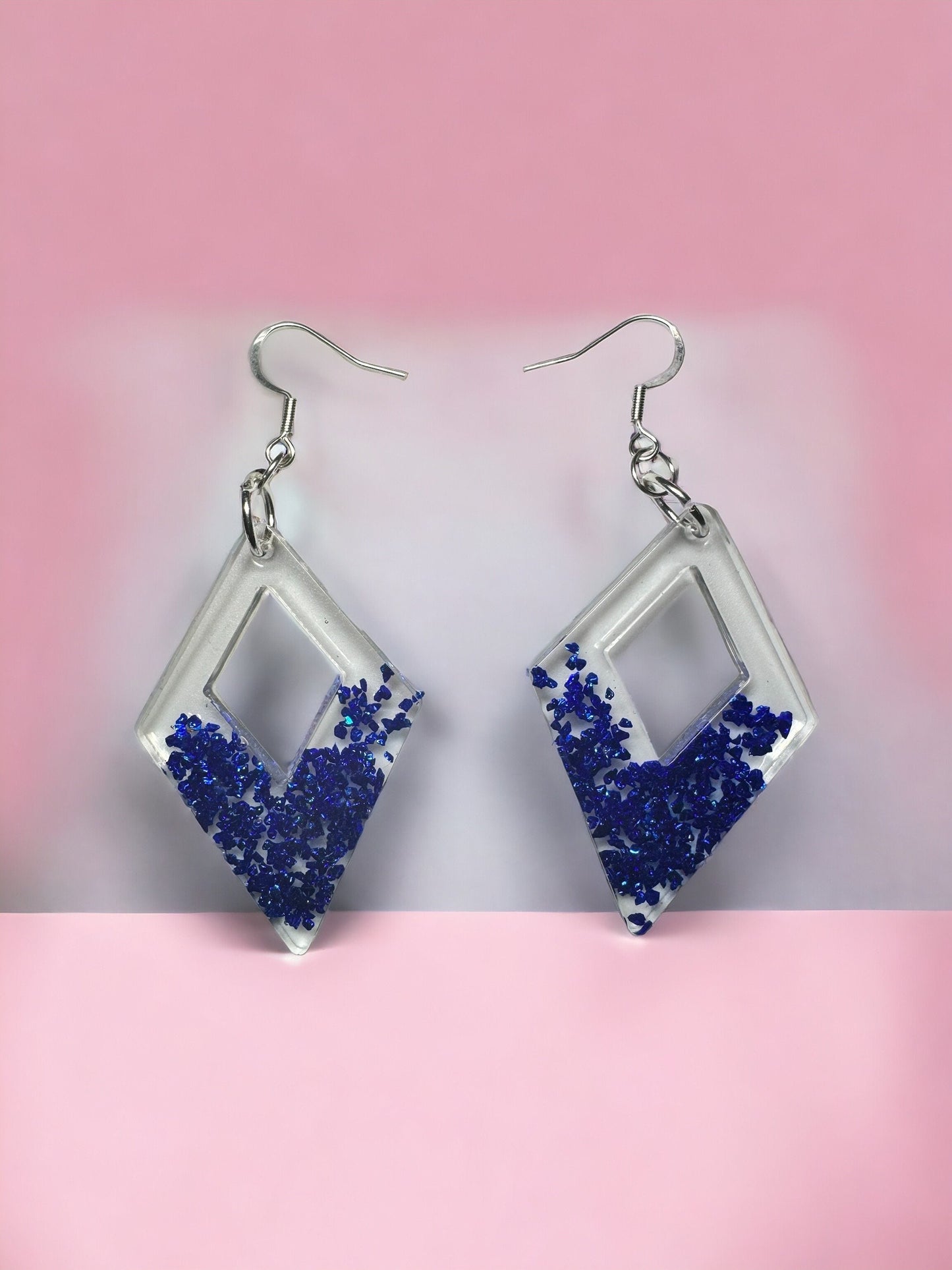 Blue Glass Pieces Diamond Shaped Resin Earrings