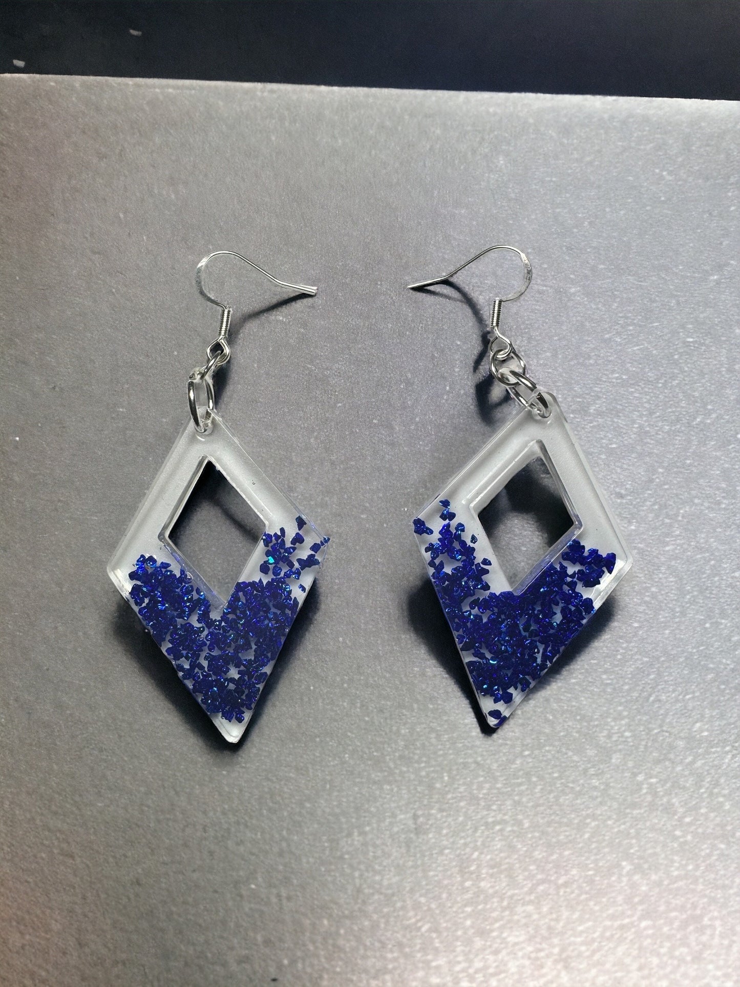 Blue Glass Pieces Diamond Shaped Resin Earrings