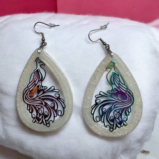 Resin Earrings with Iridescent Metal Peacock