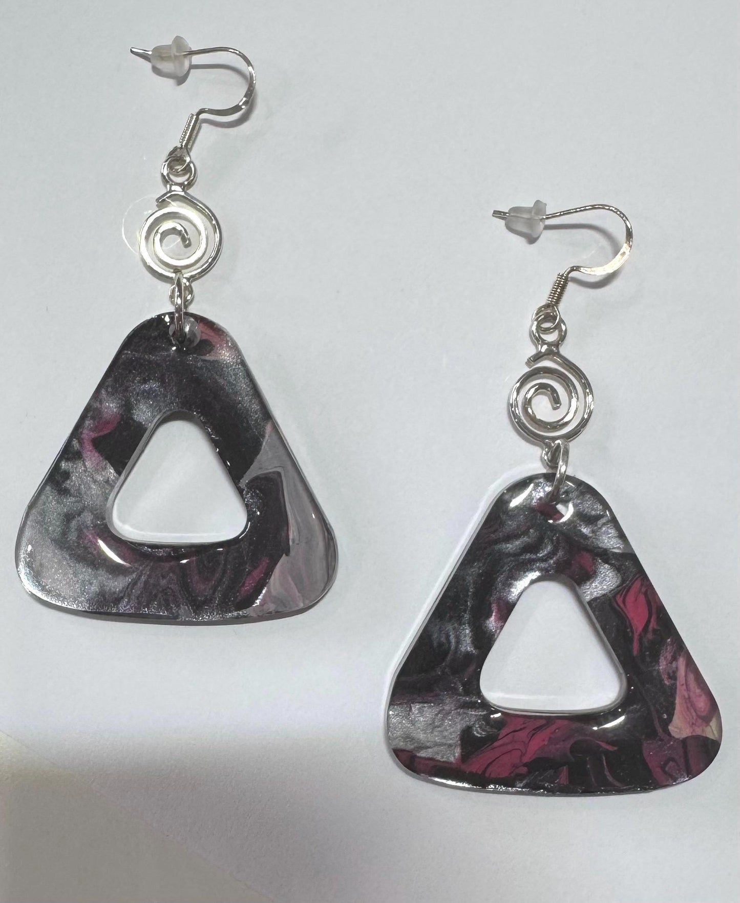 Resin Dangle Earrings with Striking Acrylic Paint Design in Black, Pink, and Gray
