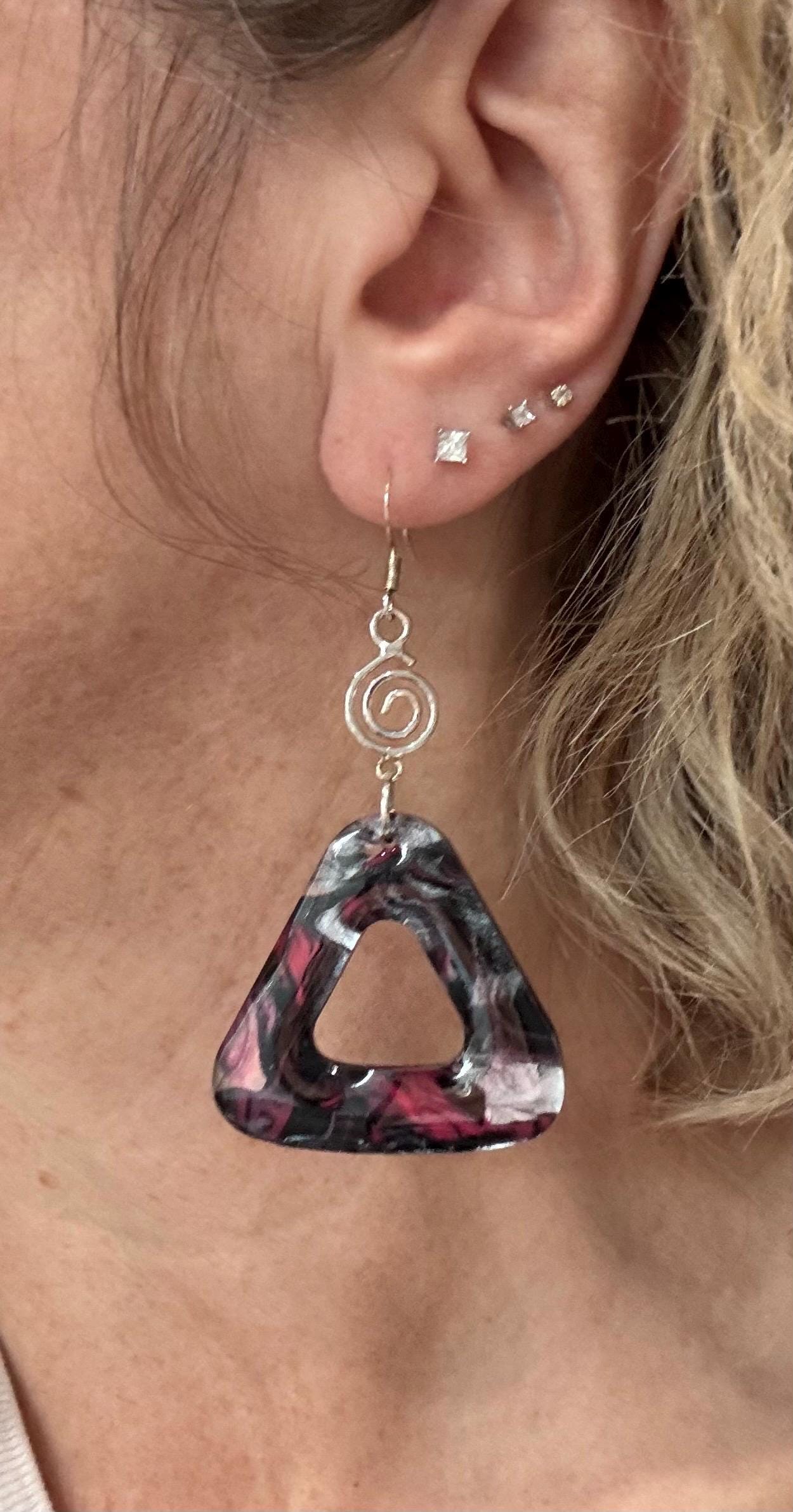 Resin Dangle Earrings with Striking Acrylic Paint Design in Black, Pink, and Gray