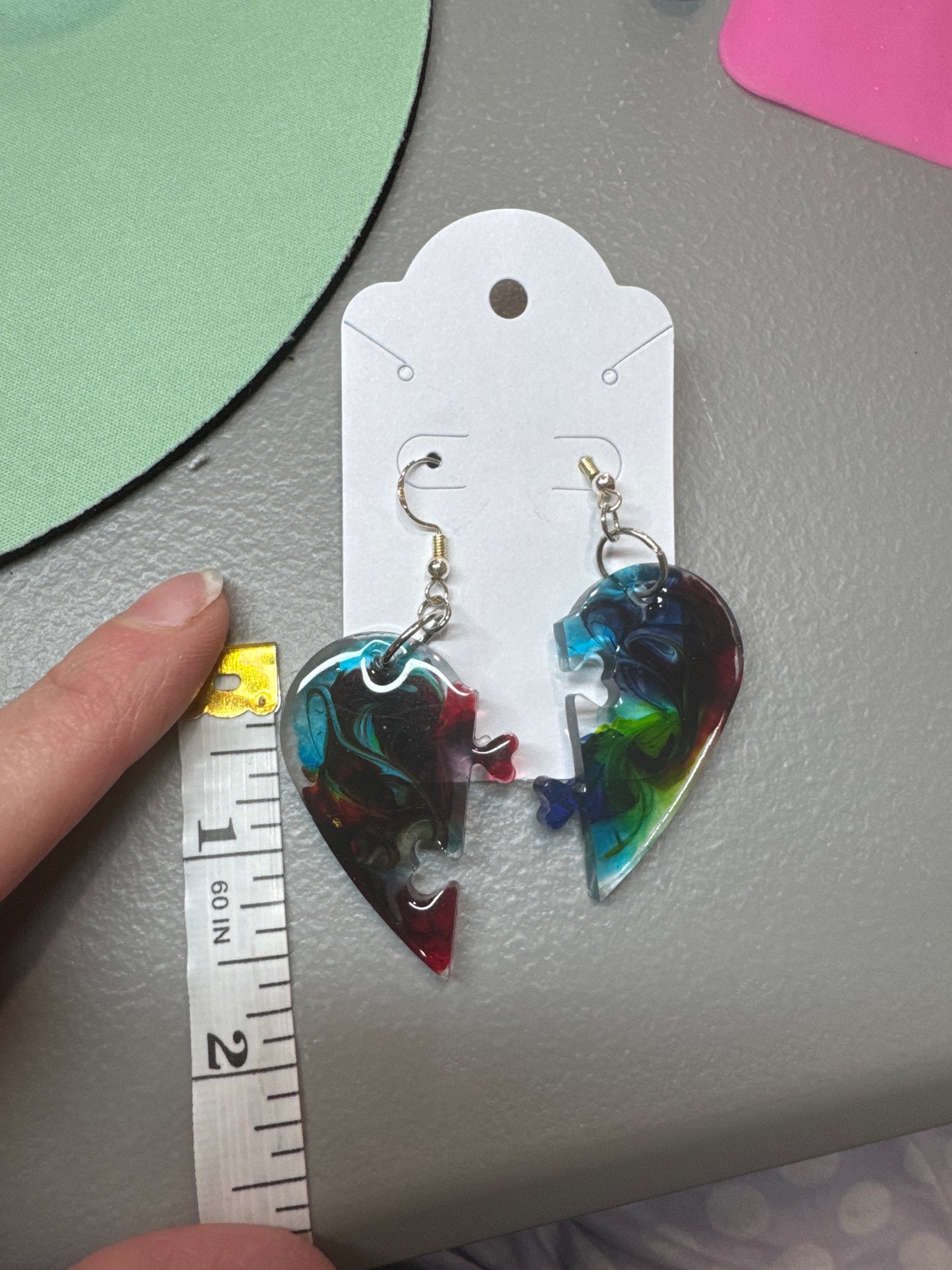 Color Swirl Heart Puzzle Resin Earrings
