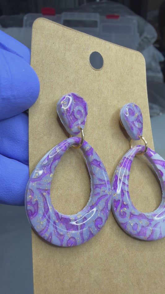 Handmade Purple Floral Resin polymer clay Teardrop Earrings | Lightweight Lavender Statement Dangle Earrings