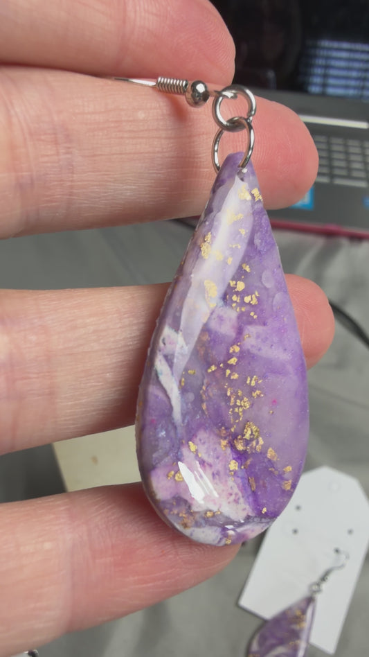 Handmade Purple Marble Teardrop Earrings | Polymer Clay & Resin Dangle Earrings with Gold Foil
